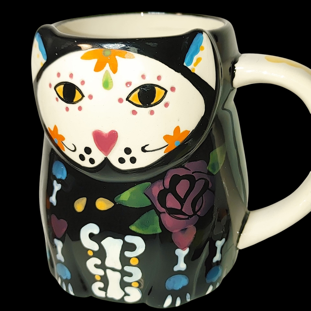 TAG-  Day of the Dead Black Skeleton Cat Ceramic Glossy Finish Coffee Cup 16 Oz